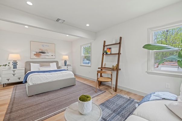 Bedroom, Interior, Recessed Lighting, Wood Texture Flooring