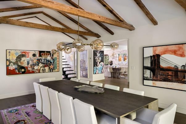 Dining room, Interior, Pendant Lights, Wooden Beams, Wood Texture Flooring