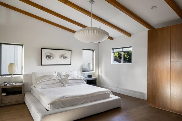 Bedroom, Interior, Pendant Lights, Wooden Beams, Wood Texture Flooring