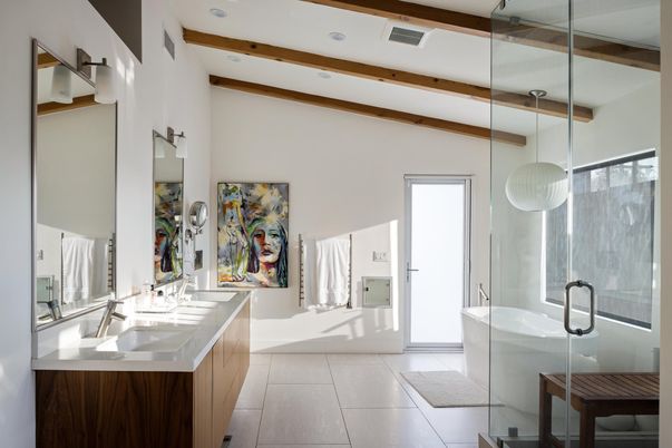 Bathroom, Dual Sink Vanities, Free Standing Baths, Glass Shower, Interior, Pendant Lights, Recessed Lighting, Wooden Beams
