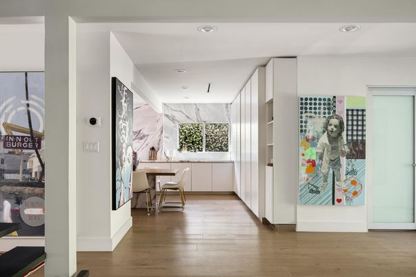 Interior, Marble Walls, Recessed Lighting, Wood Texture Flooring