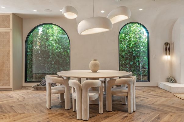 Dining room, Interior, Pendant Lights, Recessed Lighting, Wood Texture Flooring