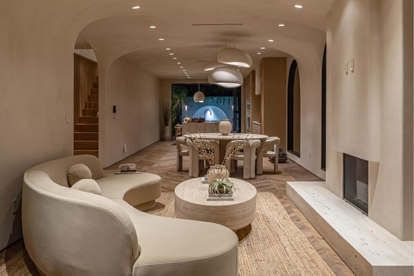 Dining room, Fireplace, Interior, Living room, Pendant Lights, Recessed Lighting, Wood Texture Flooring