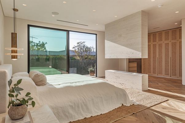 Bedroom, Interior, Pendant Lights, Recessed Lighting, Wood Texture Flooring