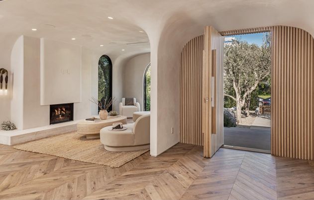 Fireplace, Interior, Living room, Recessed Lighting, Wood Texture Flooring