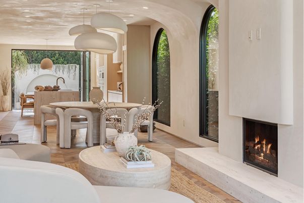 Dining room, Fireplace, Interior, Pendant Lights, Recessed Lighting, Wood Texture Flooring