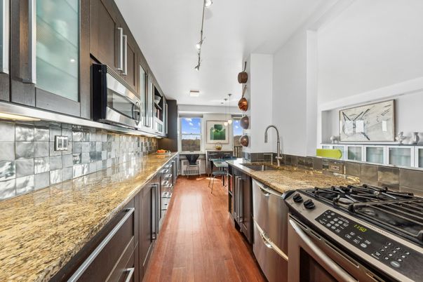 Interior, Kitchen, Pendant Lights, Stainless Steel Appliances, Wood Texture Flooring
