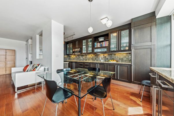 Dining room, Interior, Kitchen, Living room, Pendant Lights, Wood Texture Flooring