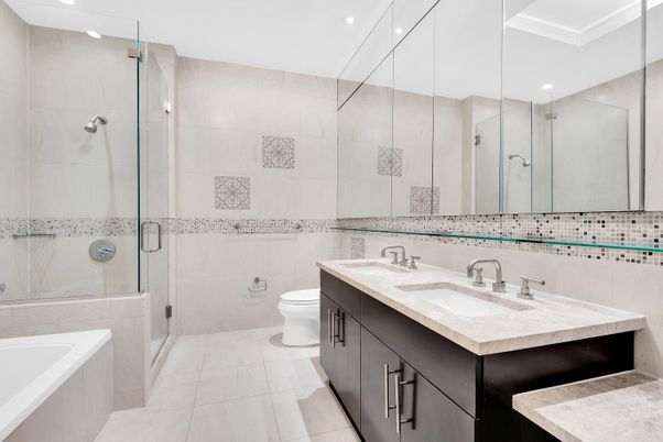 Bathroom, Dual Sink Vanities, Glass Shower, Interior, Recessed Lighting