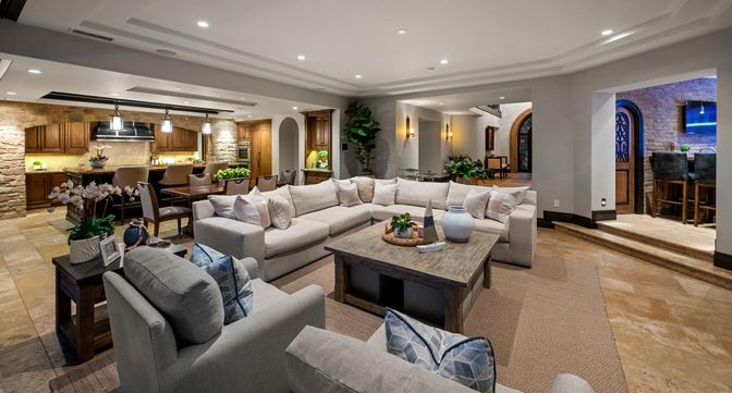 Dining room, Interior, Kitchen, Living room, Pendant Lights, Recessed Lighting, Stainless Steel Appliances, Stone Walls
