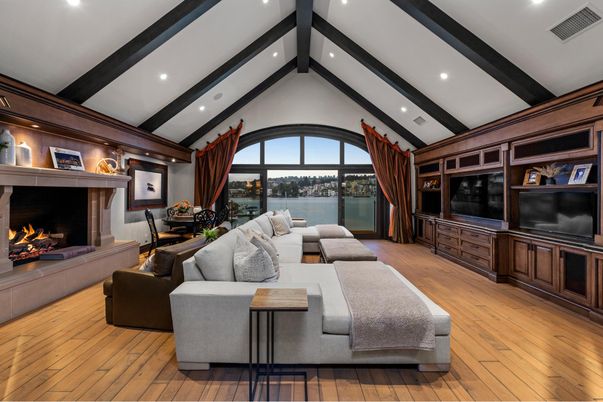 Dining room, Fireplace, Interior, Living room, Recessed Lighting, Wooden Beams, Wood Texture Flooring