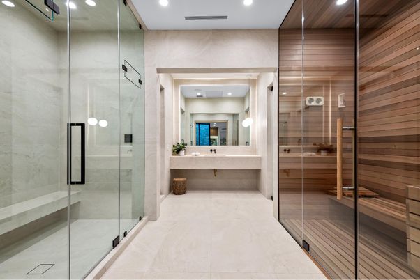 Bathroom, Glass Shower, Interior, Recessed Lighting, Sauna Room
