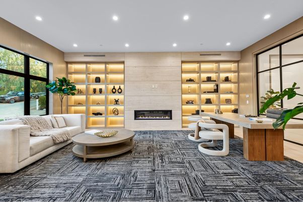 Fireplace, Home Office, Interior, Living room, Recessed Lighting