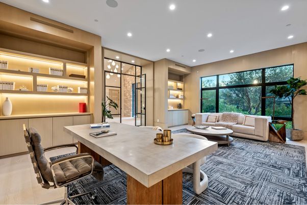 Home Office, Interior, Living room, Recessed Lighting, Wood Texture Flooring