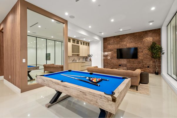 Billiard Table, Game Room, Interior, Recessed Lighting, Stone Walls