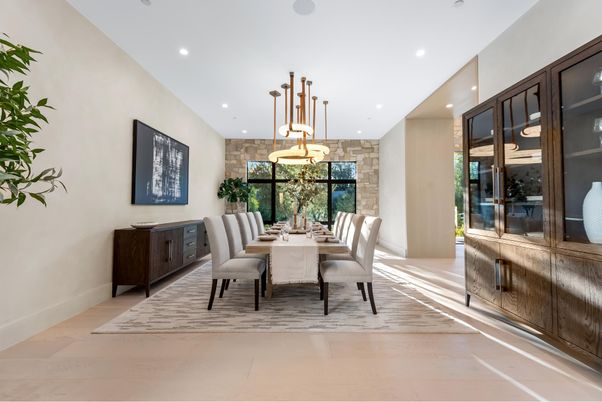 Dining room, Interior, Pendant Lights, Recessed Lighting, Wood Texture Flooring