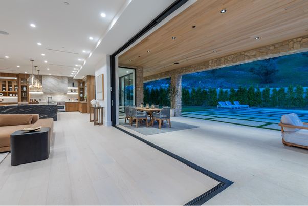 Dining room, Interior, Kitchen, Marble Walls, Pendant Lights, Recessed Lighting, Wooden Ceilings, Wood Texture Flooring