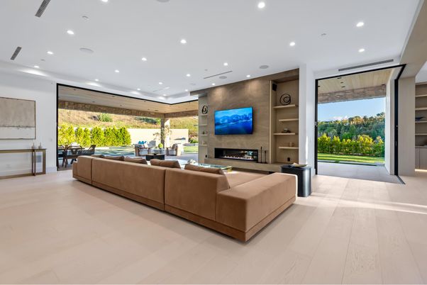 Fireplace, Interior, Living room, Recessed Lighting, Wood Texture Flooring
