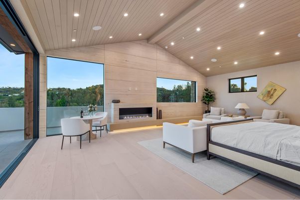 Bedroom, Fireplace, Interior, Recessed Lighting, Wooden Ceilings, Wood Texture Flooring, Wooden Walls