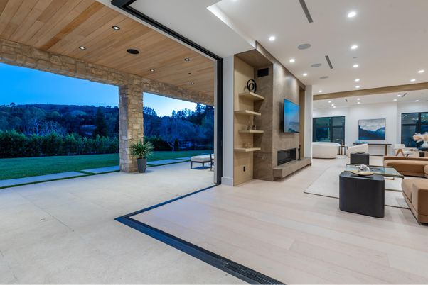 Fireplace, Interior, Living room, Recessed Lighting, Wooden Ceilings, Wood Texture Flooring