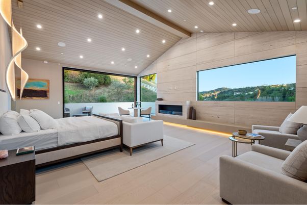 Bedroom, Fireplace, Interior, Recessed Lighting, Wooden Ceilings, Wood Texture Flooring, Wooden Walls