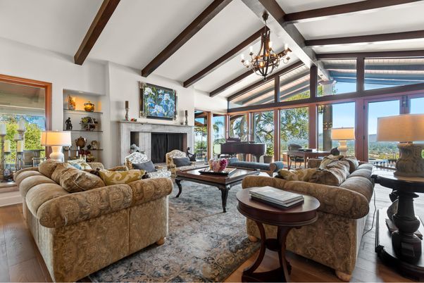 Chandelier, Fireplace, Interior, Living room, Piano, Wooden Beams, Wood Texture Flooring