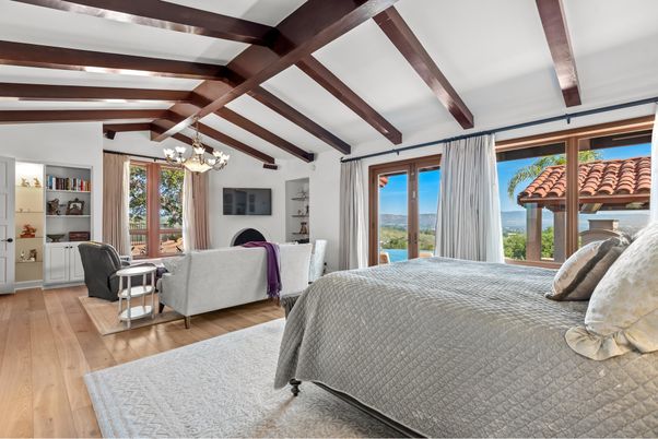 Bedroom, Chandelier, Fireplace, Interior, Wooden Beams, Wood Texture Flooring