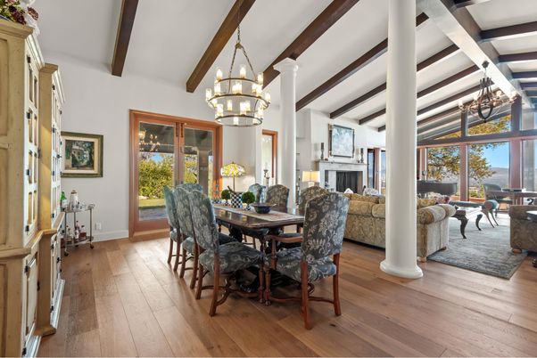 Chandelier, Dining room, Fireplace, Interior, Wooden Beams, Wood Texture Flooring