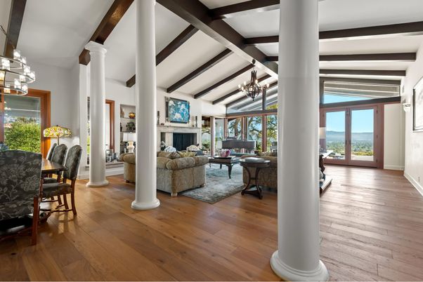 Chandelier, Dining room, Fireplace, Interior, Living room, Wooden Beams, Wood Texture Flooring