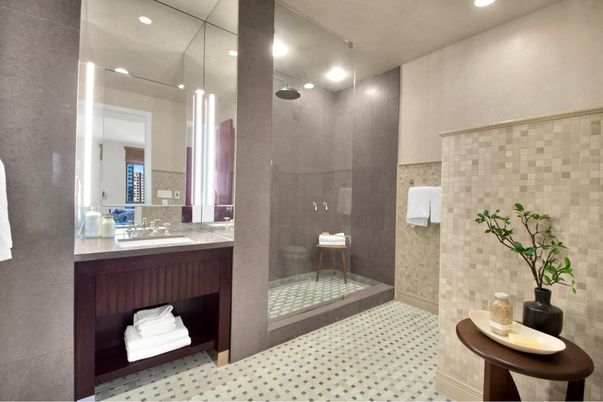 Bathroom, Glass Shower, Interior, Recessed Lighting