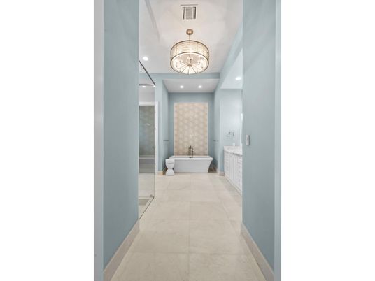 Bathroom, Chandelier, Free Standing Baths, Interior, Recessed Lighting