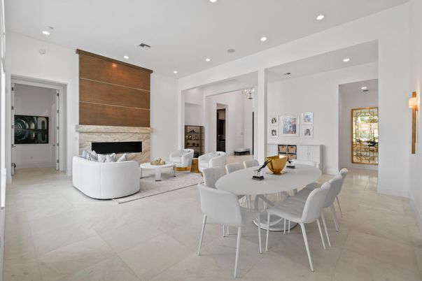 Dining room, Fireplace, Interior, Living room, Recessed Lighting