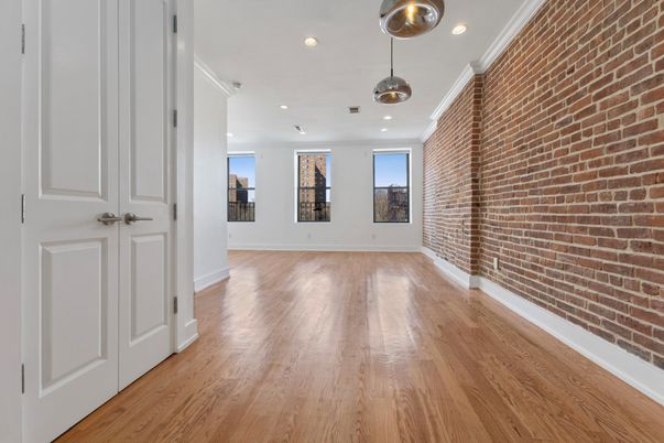 Empty room, Interior, Pendant Lights, Recessed Lighting, Stone Walls, Wood Texture Flooring