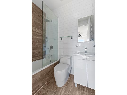 Bathroom, Glass Shower, Interior, Wood Texture Flooring