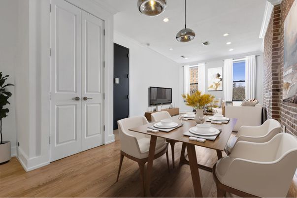 Dining room, Interior, Pendant Lights, Recessed Lighting, Stone Walls, Wood Texture Flooring