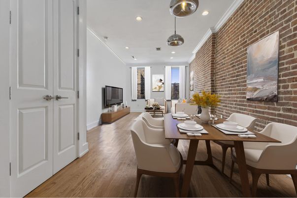 Dining room, Interior, Pendant Lights, Recessed Lighting, Stone Walls, Wood Texture Flooring