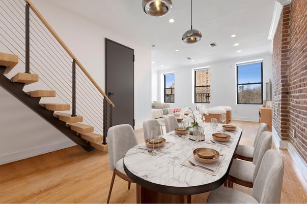 Dining room, Interior, Pendant Lights, Recessed Lighting, Stone Walls, Wood Texture Flooring