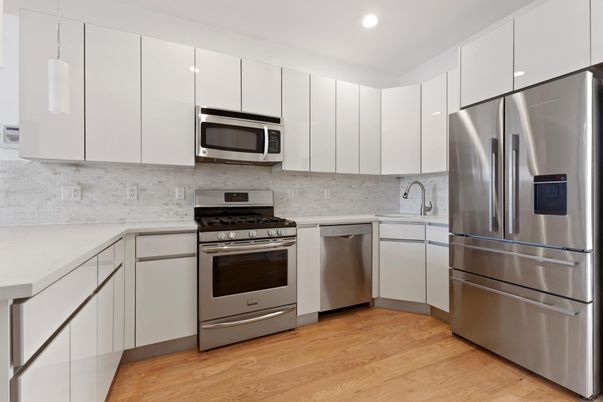 Interior, Kitchen, Recessed Lighting, Stainless Steel Appliances, Wood Texture Flooring