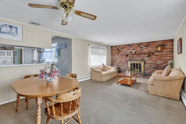 Dining room, Fireplace, Interior, Living room, Stone Walls