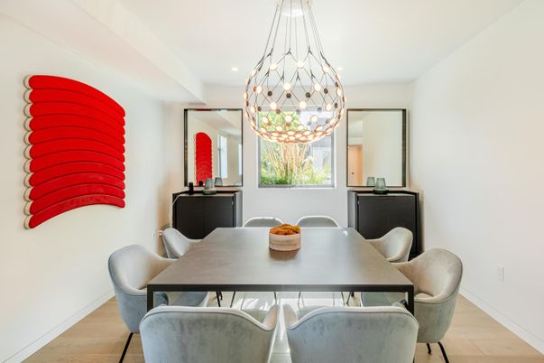 Dining room, Interior, Pendant Lights, Recessed Lighting, Wood Texture Flooring