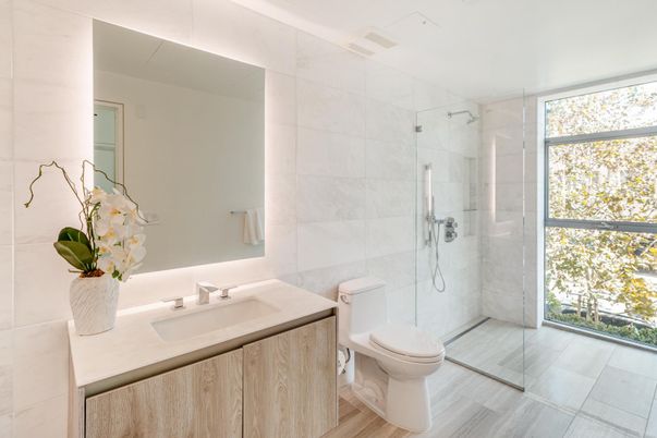 Bathroom, Glass Shower, Interior, Marble Walls, Wood Texture Flooring