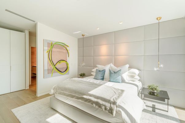 Bedroom, Interior, Pendant Lights, Recessed Lighting, Wood Texture Flooring