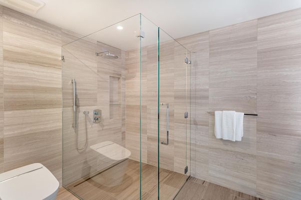 Bathroom, Glass Shower, Interior, Recessed Lighting, Wood Texture Flooring