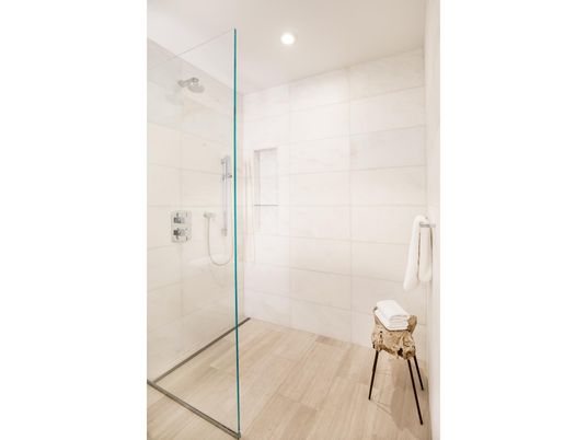 Bathroom, Glass Shower, Interior, Recessed Lighting, Wood Texture Flooring