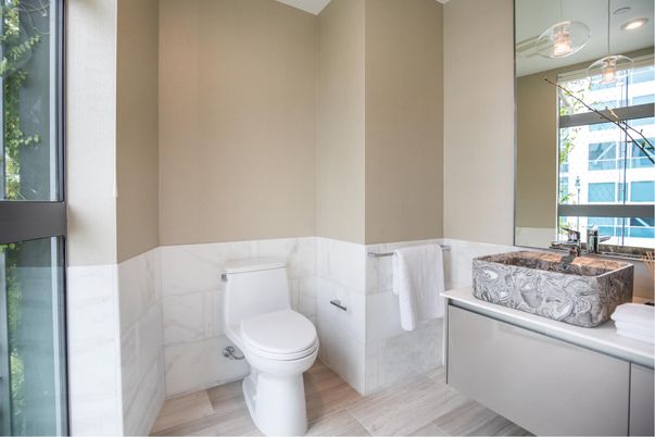 Bathroom, Interior, Recessed Lighting, Wood Texture Flooring