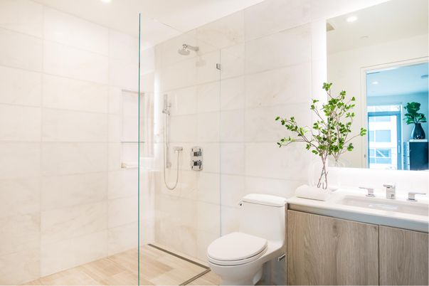 Bathroom, Glass Shower, Interior, Recessed Lighting, Wood Texture Flooring