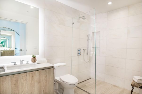 Bathroom, Glass Shower, Interior, Marble Walls, Recessed Lighting
