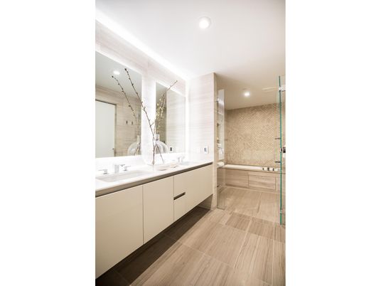 Bathroom, Dual Sink Vanities, Glass Shower, Interior, Recessed Lighting