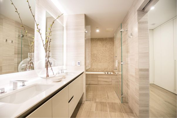 Bathroom, Dual Sink Vanities, Glass Shower, Interior, Recessed Lighting, Wood Texture Flooring