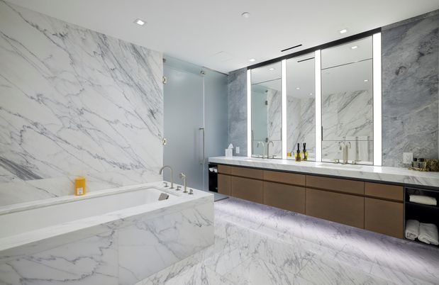 Bathroom, Dual Sink Vanities, Interior, Marble, Marble Walls, Recessed Lighting